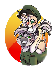Size: 1290x1706 | Tagged: safe, artist:grilledsoap, oc, oc only, oc:palatinatus clypeus, kirin, zebra, equestria at war mod, child, clothes, cute, father and child, father and daughter, female, heterochromia, kirin hybrid, leonine tail, male, military uniform, simple background, tail, transparent background, uniform, zebra oc