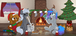 Size: 5500x2612 | Tagged: safe, artist:hellblazer911, artist:rokosmith26, oc, oc only, oc:ash, oc:mazz, oc:steam hooves, earth pony, pegasus, pony, candy, candy cane, candy canes, chest fluff, chocolate, christmas, christmas lights, christmas stocking, christmas sweater, christmas tree, clothes, collaboration, commission, complex background, cookie, cream, curious, curtains, determined, drink, earth pony oc, fake antlers, female, fire, fireplace, food, gingerbread (food), gingerbread man, happy, hat, high res, holding, holiday, hot chocolate, indoors, looking at someone, lying down, male, mare, mug, open mouth, pegasus oc, plate, present, prone, pulling, reflection, ribbon, santa hat, sitting, snow, stallion, sweater, teeth, tongue out, toy, toy train, tree, trio, wall of tags, whipped cream, window, wing hands, wing hold, wings, wood, wooden floor, worried