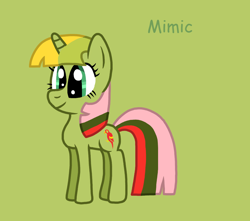 Size: 990x874 | Tagged: safe, artist:piggythebiker689, mimic (g1), pony, twinkle eyed pony, unicorn, g1, g4, cute, female, g1 to g4, generation leap, green background, green text, mare, mimicbetes, simple background, smiling, solo, text