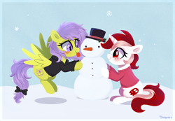 Size: 4200x2900 | Tagged: safe, artist:darkynez, oc, oc only, oc:chelsea (rhstrings), oc:ruby heartstrings (rhstrings), pegasus, pony, unicorn, bow, clothes, commission, hat, holly, hoodie, signature, snow, snowflake, snowman, sweater, tongue out, top hat