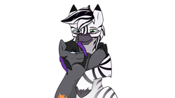Size: 3840x2160 | Tagged: safe, artist:heather, oc, oc only, oc:palatinatus clypeus, oc:purple flame, pony, unicorn, zebra, duo, duo male, eye scar, eyebrows, eyebrows visible through hair, freckles, gay, high res, horn, hug, looking at each other, looking at someone, male, oc x oc, scar, shipping, simple background, size difference, smiling, stallion, transparent background, unicorn oc, zebra oc