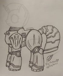 Size: 2792x3365 | Tagged: safe, artist:darthalex70, oc, oc only, pony, fallout equestria, armor, fallout, high res, power armor, sketch, solo, steel ranger, traditional art