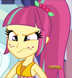 Size: 1002x1080 | Tagged: safe, screencap, sour sweet, sugarcoat, human, equestria girls, equestria girls specials, g4, my little pony equestria girls: dance magic, :s, annoyed, cropped, discovery family, discovery family logo, female, freckles, logo, offscreen character, ponytail, sleeveless, sour sweet is not amused, wavy mouth