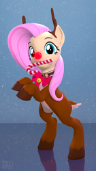 Size: 2160x3840 | Tagged: safe, artist:owlpirate, fluttershy, pegasus, pony, g4, 3d, animal costume, candy, candy cane, christmas, costume, cute, female, food, high res, holiday, mare, mouth hold, rearing, red nose, reindeer costume, rudolph the red nosed reindeer, shyabetes, solo, source filmmaker