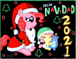 Size: 6544x5041 | Tagged: safe, artist:rammzblood, li'l cheese, pinkie pie, earth pony, pony, g4, the last problem, christmas, clothes, costume, duo, eyes closed, feliz navidad, female, hat, holiday, male, merry christmas, mother and child, mother and son, plushie, santa costume, santa hat, spanish