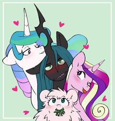 Size: 3097x3250 | Tagged: safe, artist:chub-wub, princess cadance, princess celestia, queen chrysalis, oc, oc:fluffle puff, alicorn, changeling, pony, g4, :p, annoyed, blushing, canon x oc, female, grin, heart, high res, lesbian, lip bite, mare, one eye closed, queen chrysalis is not amused, ship:cadalis, ship:chrysipuff, ship:chryslestia, shipping, smiling, tongue out, unamused, wink