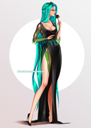 Size: 2893x4092 | Tagged: safe, artist:minamikoboyasy, queen chrysalis, human, g4, breasts, cleavage, clothes, dress, eyes closed, female, flower, high heels, high res, humanized, rose, shoes, simple background, solo, white background