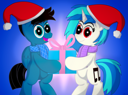 Size: 8896x6600 | Tagged: safe, artist:agkandphotomaker2000, dj pon-3, vinyl scratch, oc, oc:pony video maker, pegasus, pony, unicorn, g4, bipedal, canon x oc, christmas, clothes, female, folded wings, hat, hearth's warming eve, holding, holiday, looking at you, male, open mouth, present, red eyes, santa hat, scarf, shipping, simple background, straight, videoscratch, wings