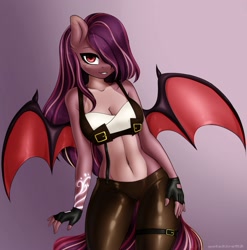 Size: 1972x2000 | Tagged: safe, artist:yutakira92, oc, oc only, oc:delilah garnet, bat pony, anthro, bat wings, belly button, breasts, cleavage, clothes, female, fingerless gloves, gloves, hair over one eye, lidded eyes, looking at you, midriff, smiling, solo, spread wings, wings