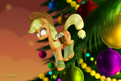 Size: 2625x1750 | Tagged: safe, artist:darksly, part of a set, applejack, earth pony, pony, g4, acrophobia, applejack's hat, appletini, christmas, christmas tree, clothes, cowboy hat, female, hat, holiday, looking down, mare, micro, shrunken pupils, socks, solo, striped socks, tiny, tiny ponies, tree, wavy mouth
