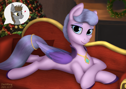 Size: 2224x1564 | Tagged: safe, alternate version, artist:dash wang, edit, queen haven, oc, oc:devin, bat pony, pegasus, pony, g5, my little pony: a new generation, bat pony oc, bedroom eyes, blood, canon x oc, christmas, couch, female, fireplace, heart, holiday, inviting, jewelry, looking at you, love, lying down, male, mare, milf, necklace, nosebleed, regalia, room, shipping, stallion, straight, wreath