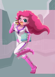 Size: 1280x1801 | Tagged: safe, artist:howxu, fili-second, pinkie pie, equestria girls, g4, breasts, busty pinkie pie, cleavage, clothes, commission, costume, donut, eating, fast, food, one eye closed, open mouth, power ponies, slender, solo, superhero, thin