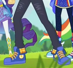Size: 529x494 | Tagged: safe, screencap, flash sentry, rainbow dash, rarity, cheer you on, equestria girls, equestria girls series, g4, spoiler:eqg series (season 2), blue sneakers, clothes, converse, cropped, legs, male, pants, pictures of legs, shoes, sneakers
