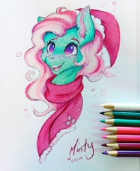 Size: 720x880 | Tagged: safe, artist:mscolorsplash, minty, earth pony, pony, g3, bust, christmas, clothes, colored pencil drawing, female, hat, holiday, mare, santa hat, scarf, solo, traditional art