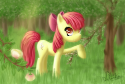 Size: 1618x1083 | Tagged: safe, artist:sanyokvampire, apple bloom, earth pony, pony, g4, alternate cutie mark, female, filly, flower, foal, forest, smiling, solo, tree