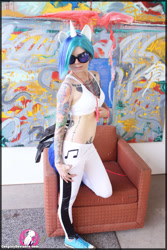 Size: 800x1200 | Tagged: safe, artist:cosplaydeviants, artist:dovah, dj pon-3, vinyl scratch, human, g4, clothes, converse, cosplay, cosplay deviants, costume, glowstick, irl, irl human, photo, shoes, sneakers, tattoo
