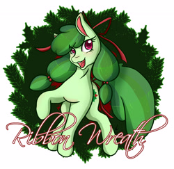 Size: 3743x3641 | Tagged: safe, artist:mscolorsplash, oc, oc only, oc:ribbon wreath, earth pony, pony, christmas, christmas wreath, earth pony oc, eye clipping through hair, female, hair ribbon, high res, holiday, mare, open mouth, open smile, pigtails, simple background, smiling, solo, twintails, white background, wreath