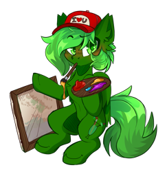 Size: 1273x1309 | Tagged: safe, artist:star-theft, oc, oc only, oc:melon liqueur, pegasus, pony, brush, cap, ear fluff, easel, hat, mouth hold, paint, simple background, solo, transparent background