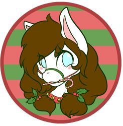 Size: 2183x2227 | Tagged: safe, artist:mscolorsplash, oc, oc only, oc:color splash, pegasus, pony, bell, bell collar, blush sticker, blushing, bridle, bust, candy, candy cane, christmas, collar, female, food, high res, holiday, holly, mare, mouth hold, no pupils, simple background, solo, tack, transparent background