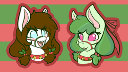 Size: 3051x1716 | Tagged: safe, artist:mscolorsplash, oc, oc only, oc:color splash, oc:ribbon wreath, earth pony, pegasus, pony, bell, bell collar, blush sticker, blushing, bridle, christmas, collar, duo, female, holiday, holly, mare, no pupils, tack