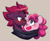 Size: 3267x2689 | Tagged: safe, artist:chub-wub, fizzlepop berrytwist, pinkie pie, tempest shadow, earth pony, pony, unicorn, g4, blushing, broken horn, clothes, cute, diapinkes, duo, female, gray background, high res, horn, lesbian, looking at each other, looking at someone, mare, one eye closed, open mouth, open smile, scarf, shared clothing, shared scarf, sharing, shipping, simple background, smiling, tempestpie, wink