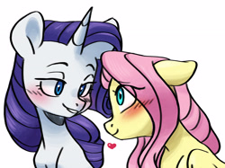Size: 3742x2800 | Tagged: safe, artist:chub-wub, fluttershy, rarity, pegasus, pony, unicorn, g4, bedroom eyes, blushing, duo, eyeshadow, female, grin, heart, high res, lesbian, looking at each other, looking at someone, makeup, mare, ship:flarity, shipping, simple background, smiling, white background