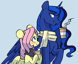 Size: 1649x1359 | Tagged: safe, artist:chub-wub, fluttershy, princess luna, alicorn, pegasus, pony, g4, blue background, blushing, clothes, coffee, coffee cup, cup, duo, female, lesbian, mare, open mouth, raised hoof, scarf, ship:lunashy, shipping, simple background