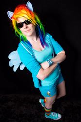 Size: 2000x3000 | Tagged: safe, artist:elathera, artist:xen photography, rainbow dash, human, bronycon, bronycon 2014, g4, black background, clothes, converse, cosplay, costume, high res, irl, irl human, multicolored hair, photo, rainbow hair, shoes, simple background, sneakers, sunglasses