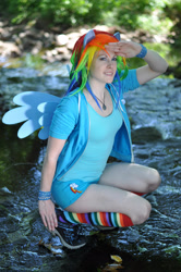 Size: 1275x1920 | Tagged: safe, artist:elathera, rainbow dash, human, g4, clothes, cosplay, costume, cutie mark on clothes, irl, irl human, multicolored hair, photo, rainbow hair, rainbow socks, socks, striped socks