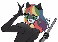 Size: 2048x1472 | Tagged: safe, artist:warnerstan2, rainbow dash, equestria girls, g4, adrien agreste, bell, cat bell, cat ears, catsuit, chat noir, claws, clothes, costume, crossover, cute, cute little fangs, fangs, female, gloves, halloween, halloween costume, mask, miraculous ladybug, simple background, solo, white background