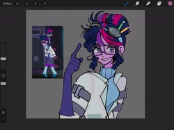 Size: 2048x1536 | Tagged: safe, artist:warnerstan2, sci-twi, twilight sparkle, equestria girls, g4, clothes, female, glasses, gloves, goggles, lab coat, pen, pencil, screencap reference, screenshots, solo