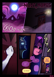 Size: 850x1200 | Tagged: safe, artist:slypon, spoiled rich, earth pony, anthro, comic:night mares (series), comic:night mares 6, g4, comic, dialogue, door, full moon, knocking, moon, offscreen character