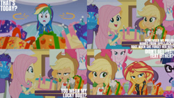 Size: 1280x720 | Tagged: safe, edit, edited screencap, editor:quoterific, screencap, applejack, fluttershy, pinkie pie, rainbow dash, rarity, sci-twi, sunset shimmer, twilight sparkle, dashing through the mall, equestria girls, equestria girls specials, g4, my little pony equestria girls: better together, my little pony equestria girls: holidays unwrapped, applejack's hat, bowtie, clothes, cowboy hat, cutie mark on clothes, denim skirt, female, geode of empathy, geode of fauna, geode of super speed, geode of super strength, glasses, hat, hoodie, humane five, humane seven, humane six, jacket, jewelry, leather, leather jacket, magical geodes, milkshake, necklace, open mouth, open smile, ponytail, present, rarity peplum dress, skirt, smiling