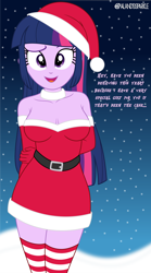 Size: 4252x7654 | Tagged: safe, artist:alandssparkle, derpibooru exclusive, part of a set, twilight sparkle, equestria girls, g4, absurd resolution, belt, breasts, busty twilight sparkle, christmas, cleavage, clothes, costume, dialogue, dreamworks face, dress, female, hands behind back, hat, holiday, looking at you, open mouth, open smile, santa costume, santa hat, signature, smiling, smiling at you, snow, socks, solo, stockings, striped socks, talking, talking to viewer, thigh highs, twilight sparkle (alicorn), zettai ryouiki