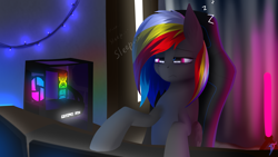 Size: 3840x2160 | Tagged: safe, artist:darky_wings, oc, oc only, oc:darky wings, pegasus, pony, high res, night, onomatopoeia, pc, rgb, sleepy, sound effects, tired, tired eyes, zzz