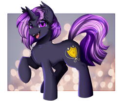 Size: 3309x2750 | Tagged: safe, artist:pridark, oc, oc only, bat pony, bat pony unicorn, hybrid, pony, unicorn, commission, cute, eye clipping through hair, eyebrows, eyebrows visible through hair, fangs, high res, horn, looking at you, ocbetes, open mouth, open smile, raised hoof, raised tail, smiling, smiling at you, solo, tail