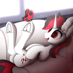 Size: 1920x1920 | Tagged: dead source, safe, artist:alexbefest, oc, oc only, oc:blackjack, butterfly, pony, unicorn, fallout equestria, fallout equestria: project horizons, bed, butt, commission, couch, cute, fanfic art, female, frog (hoof), happy, hooves up, horn, lying down, mare, on back, on bed, plot, red, smiling, solo, underhoof, unicorn oc, window, ych result