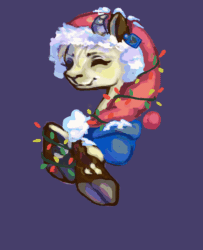 Size: 3000x3700 | Tagged: safe, artist:s0fty_1cy, oc, oc only, oc:hazel bloons, goat, animated, bust, christmas, christmas lights, clothes, commission, ear tag, eyes closed, gif, happy, hat, high res, holiday, hooves, horn, male, purple background, santa hat, simple background, smiling, solo, sweater, tan coat, ych result