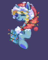Size: 3000x3700 | Tagged: safe, artist:s0fty_1cy, oc, oc only, oc:sunny dawn, pony, unicorn, animated, blue coat, bust, christmas, christmas lights, commission, eyes closed, gif, happy, hat, high res, holiday, male, purple background, santa hat, simple background, smiling, solo, ych result, yellow mane
