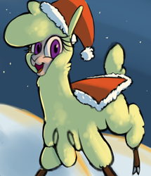 Size: 1516x1764 | Tagged: safe, artist:hitsuji, paprika (tfh), alpaca, them's fightin' herds, blanket, christmas, cloven hooves, community related, hat, holiday, looking at you, santa hat, snow, solo, style emulation