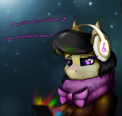Size: 2288x2160 | Tagged: safe, artist:shamziwhite, octavia melody, earth pony, pony, anthro, g4, bust, clothes, coat, fanart, female, headphones, high res, mare, phone, portrait, scarf, smiling, snow, winter, winter outfit
