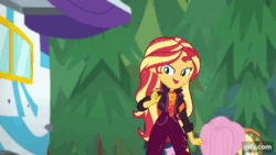 Size: 640x360 | Tagged: safe, screencap, applejack, fluttershy, rainbow dash, sci-twi, sunset shimmer, twilight sparkle, equestria girls, equestria girls series, g4, sunset's backstage pass!, spoiler:eqg series (season 2), accidental spanking, animated, eyes closed, female, geode of empathy, geode of super speed, gif, gifs.com, glasses, magical geodes, music festival outfit, open mouth, open smile, out of context, ponytail, slapstick, smiling, spanking