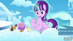 Size: 640x360 | Tagged: safe, screencap, dumbbell, fluttershy, hoops, rainbow dash, starlight glimmer, pegasus, pony, unicorn, g4, season 5, the cutie re-mark, animated, cloudsdale, colt, female, filly, filly fluttershy, filly rainbow dash, foal, gif, gifs.com, magic, male, mare, open mouth, starlight says bravo, telekinesis, younger