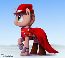 Size: 1714x1534 | Tagged: safe, artist:thebowtieone, oc, oc:heroic armour, pony, unicorn, bowler hat, cape, clothes, femboy, girly, hat, male, red mage, solo, stallion, sword, weapon