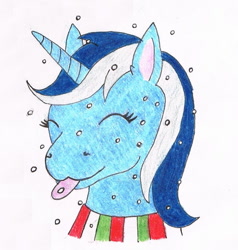 Size: 893x940 | Tagged: safe, artist:assertiveshypony, minuette, pony, unicorn, g4, closed eye, clothes, drawing, scarf, simple background, snow, tongue out, traditional art, white background