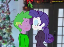 Size: 2048x1535 | Tagged: safe, artist:georgegarza01, rarity, spike, equestria girls, g4, blushing, breasts, christmas, christmas tree, clothes, cute, eyes closed, female, holiday, human spike, implied kissing, male, mistletoe, raribetes, ship:sparity, shipping, spikabetes, straight, tree, winter outfit