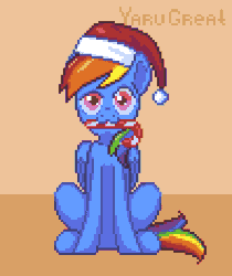 Size: 297x354 | Tagged: safe, artist:yarugreat, rainbow dash, pegasus, pony, g4, animated, christmas, gif, hat, holiday, multicolored hair, pixel animation, pixel art, santa hat, simple background, sitting, solo, ych animation, ych example, your character here