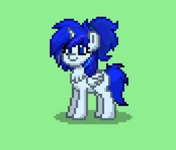 Size: 434x368 | Tagged: safe, artist:mns, oc, oc only, oc:sapphire cobastal, alicorn, pony, pony town, alicorn oc, blue eyes, blue mane, blue tail, female, folded wings, full body, green background, horn, mare, shadow, simple background, smiling, solo, standing, tail, wings