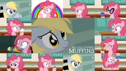 Size: 1280x720 | Tagged: safe, artist:sillyfillystudios, edit, editor:quoterific, derpy hooves, pinkie pie, earth pony, pegasus, pony, g4, ^^, collage, eyes closed, floppy ears, food, glasses, muffin, muffins.pon, open mouth, open smile, pinkamena diane pie, pinkie being pinkie, poison joke, rainbow, smiling, sugarcube corner