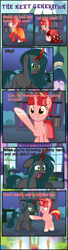 Size: 1057x3876 | Tagged: safe, artist:shootingstarsentry, oc, oc:nightshade (digimonlover101), oc:star curve, changepony, hybrid, pony, unicorn, comic:the next generation, book, bookshelf, clothes, comic, dress, interspecies offspring, offspring, parent:king sombra, parent:queen chrysalis, parent:starlight glimmer, parent:sunburst, parents:chrysombra, parents:starburst
